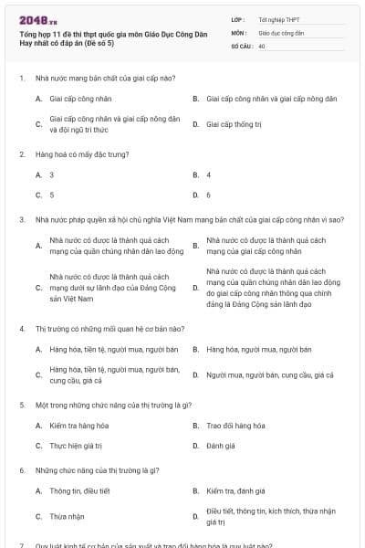 Tổng hợp 11 đề thi thpt quốc gia môn Giáo Dục Công Dân Hay nhất có đáp án (Đề số 5)