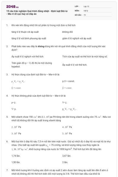 19 câu trắc nghiệm Quá trình đẳng nhiệt - Định luật Bôi-lơ - Ma-ri-ốt cực hay có đáp án