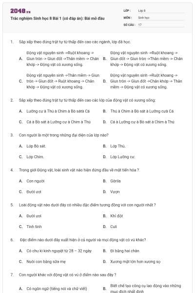 Trắc nghiệm Sinh học 8 Bài 1 (có đáp án): Bài mở đầu