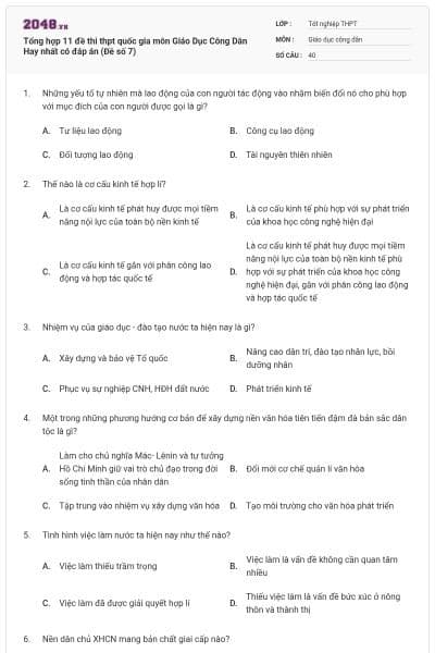 Tổng hợp 11 đề thi thpt quốc gia môn Giáo Dục Công Dân Hay nhất có đáp án (Đề số 7)