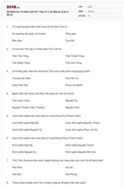Đề kiểm tra 15 phút Lịch Sử 7 Học kì 1 có đáp án (Lần 2 - Đề 3)