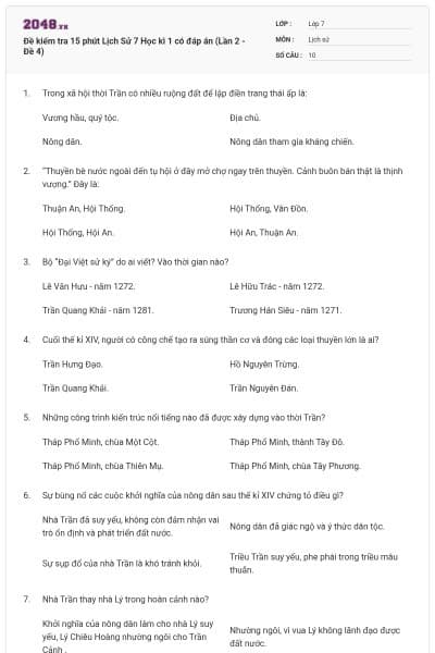 Đề kiểm tra 15 phút Lịch Sử 7 Học kì 1 có đáp án (Lần 2 - Đề 4)