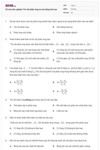 25 câu trắc nghiệm Tốc độ phản ứng và cân bằng hóa học