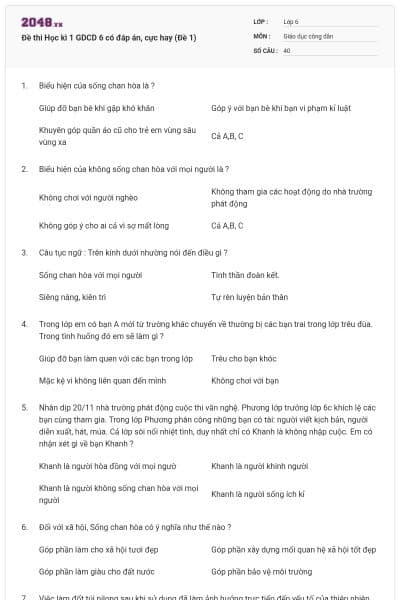 Đề thi Học kì 1 GDCD 6 có đáp án, cực hay (Đề 1)