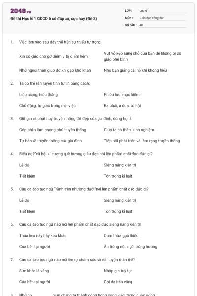 Đề thi Học kì 1 GDCD 6 có đáp án, cực hay (Đề 3)