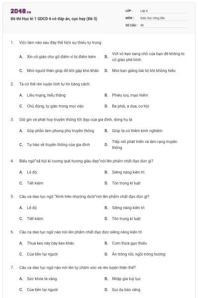 Đề thi Học kì 1 GDCD 6 có đáp án, cực hay (Đề 3)