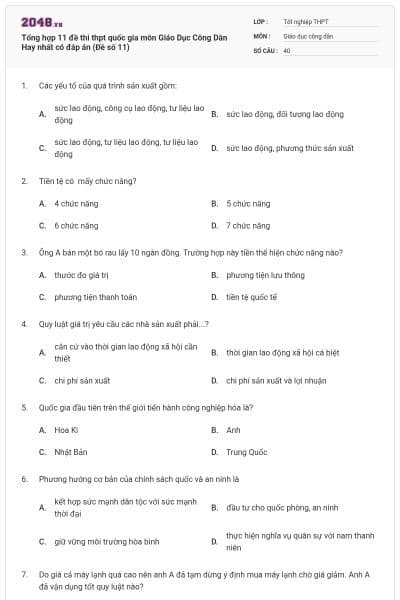 Tổng hợp 11 đề thi thpt quốc gia môn Giáo Dục Công Dân Hay nhất có đáp án (Đề số 11)
