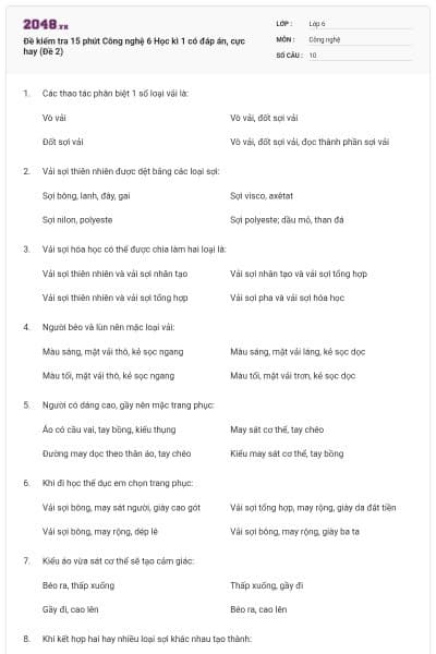 Đề kiểm tra 15 phút Công nghệ 6 Học kì 1 có đáp án, cực hay (Đề 2)