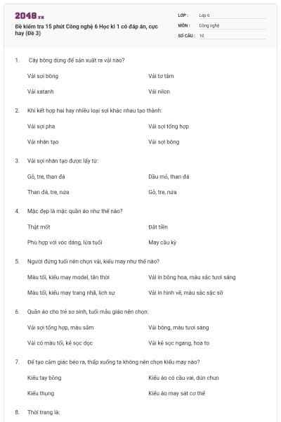 Đề kiểm tra 15 phút Công nghệ 6 Học kì 1 có đáp án, cực hay (Đề 3)