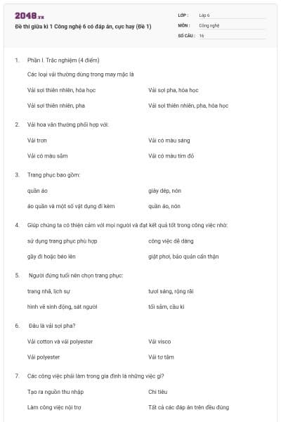 Đề thi giữa kì 1 Công nghệ 6 có đáp án, cực hay (Đề 1)