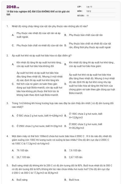 19 Bài trắc nghiệm ĐỘ ẨM CỦA KHÔNG KHÍ có lời giải chi tiết
