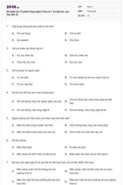 Đề kiểm tra 15 phút Công nghệ 6 Học kì 1 có đáp án, cực hay (Đề 4)