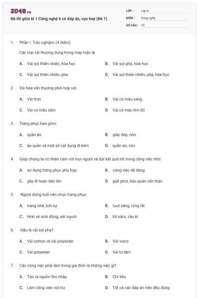 Đề thi giữa kì 1 Công nghệ 6 có đáp án, cực hay (Đề 1)
