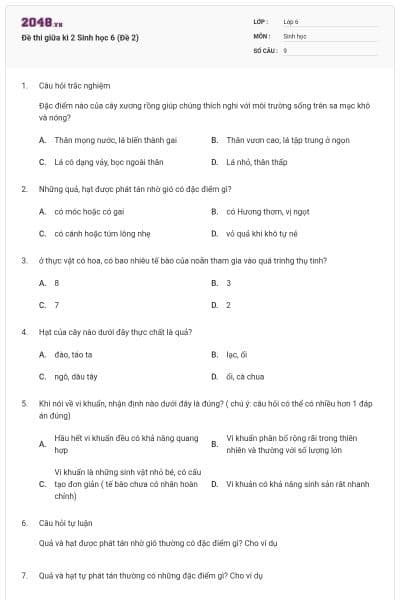 Đề thi giữa kì 2 Sinh học 6 (Đề 2)