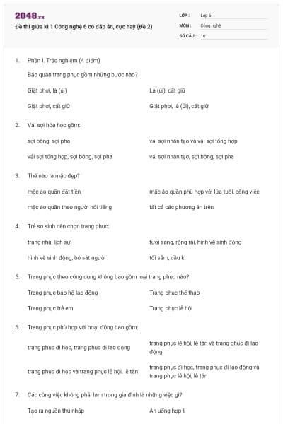 Đề thi giữa kì 1 Công nghệ 6 có đáp án, cực hay (Đề 2)