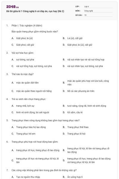 Đề thi giữa kì 1 Công nghệ 6 có đáp án, cực hay (Đề 2)