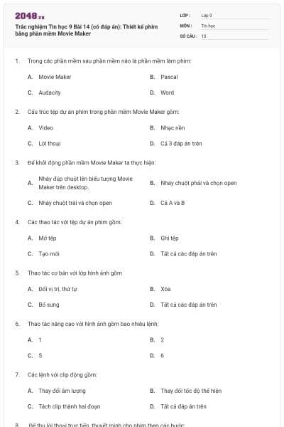 Trắc nghiệm Tin học 9 Bài 14 (có đáp án): Thiết kế phim bằng phần mềm Movie Maker