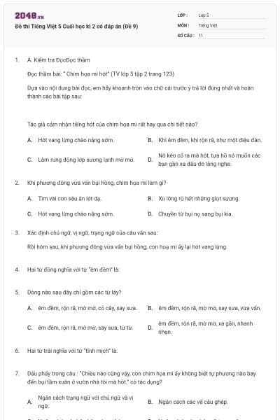 Đề thi Tiếng Việt 5 Cuối học kì 2 có đáp án (Đề 9)