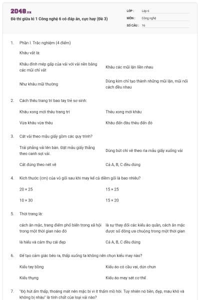 Đề thi giữa kì 1 Công nghệ 6 có đáp án, cực hay (Đề 3)