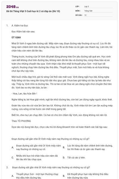 Đề thi Tiếng Việt 5 Cuối học kì 2 có đáp án (Đề 10)