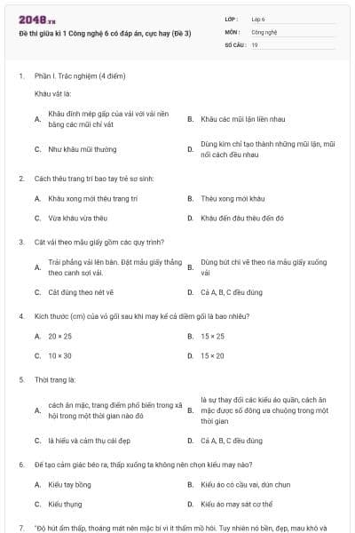 Đề thi giữa kì 1 Công nghệ 6 có đáp án, cực hay (Đề 3)