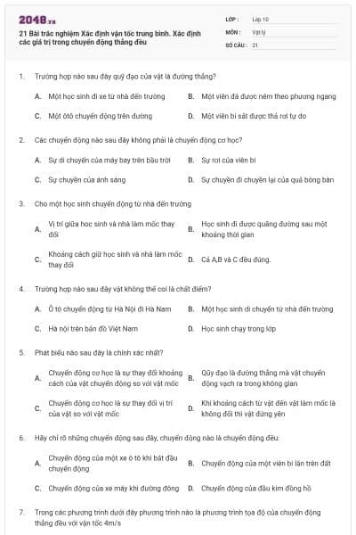 21 Bài trắc nghiệm Xác định vận tốc trung bình. Xác định các giá trị trong chuyển động thẳng đều