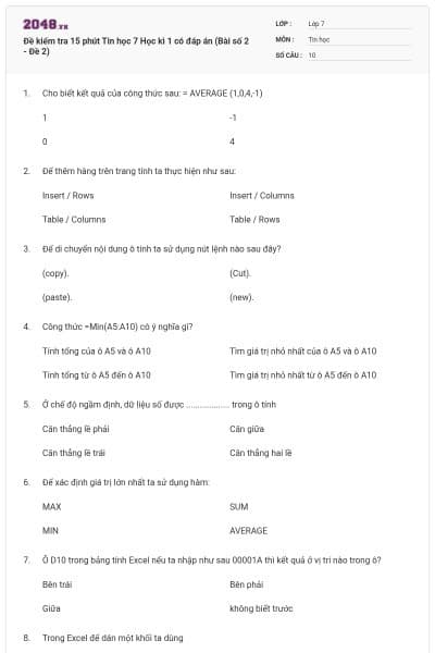 Đề kiểm tra 15 phút Tin học 7 Học kì 1 có đáp án (Bài số 2 - Đề 2)