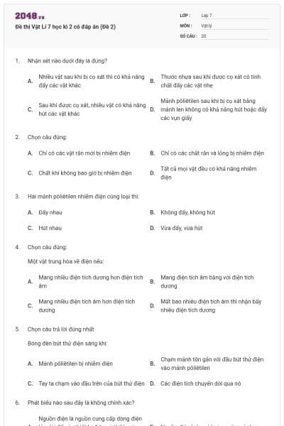 Đề thi Vật Lí 7 học kì 2 có đáp án (Đề 2)