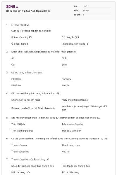 Đề thi Học kì 1 Tin học 7 có đáp án (Đề 1)