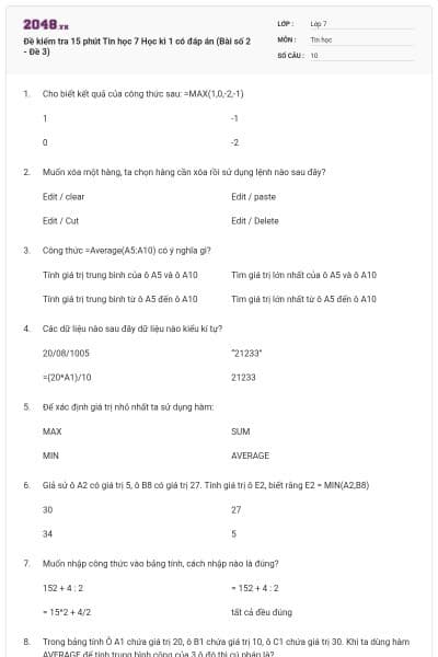 Đề kiểm tra 15 phút Tin học 7 Học kì 1 có đáp án (Bài số 2 - Đề 3)