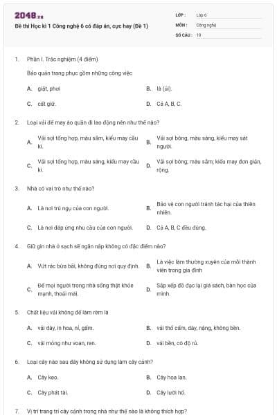 Đề thi Học kì 1 Công nghệ 6 có đáp án, cực hay (Đề 1)