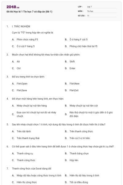 Đề thi Học kì 1 Tin học 7 có đáp án (Đề 1)