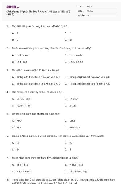 Đề kiểm tra 15 phút Tin học 7 Học kì 1 có đáp án (Bài số 2 - Đề 3)