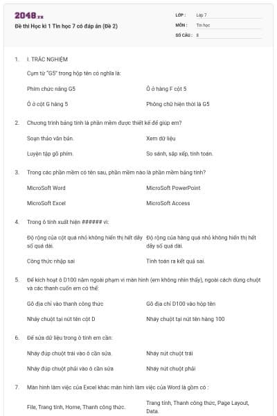 Đề thi Học kì 1 Tin học 7 có đáp án (Đề 2)