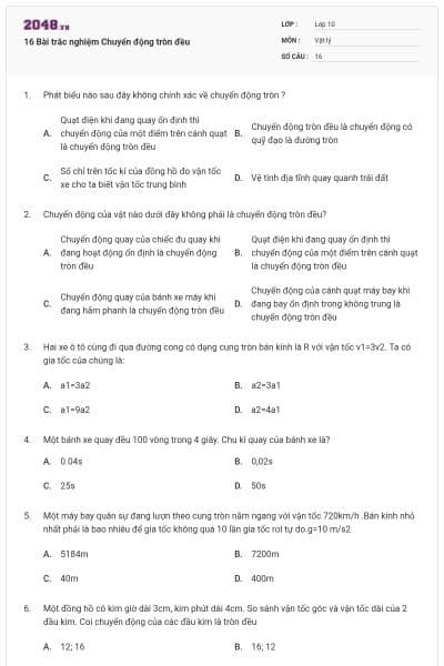 16 Bài trắc nghiệm Chuyển động tròn đều