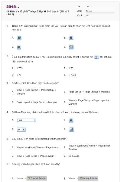 Đề kiểm tra 15 phút Tin học 7 Học kì 2 có đáp án (Bài số 1 - Đề 1)