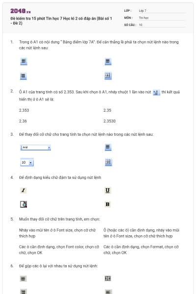Đề kiểm tra 15 phút Tin học 7 Học kì 2 có đáp án (Bài số 1 - Đề 2)