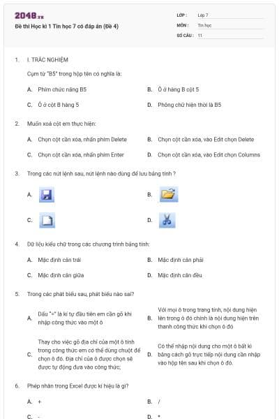Đề thi Học kì 1 Tin học 7 có đáp án (Đề 4)