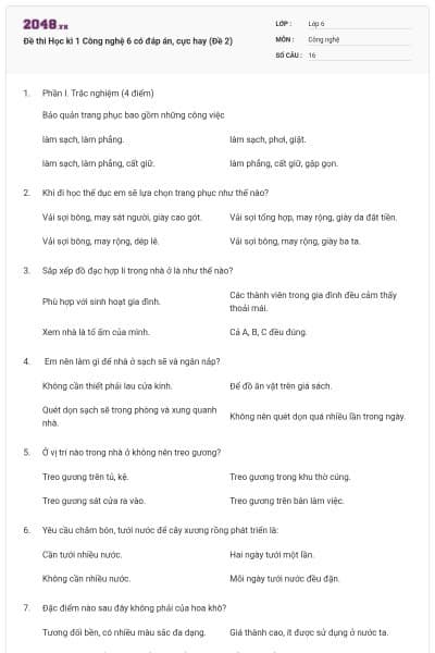 Đề thi Học kì 1 Công nghệ 6 có đáp án, cực hay (Đề 2)