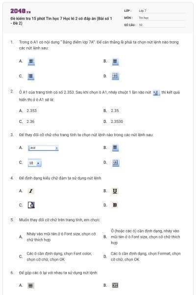 Đề kiểm tra 15 phút Tin học 7 Học kì 2 có đáp án (Bài số 1 - Đề 2)