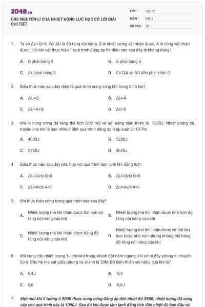 CÁC NGUYÊN LÍ CỦA NHIỆT ĐỘNG LỰC HỌC CÓ LỜI GIẢI CHI TIẾT