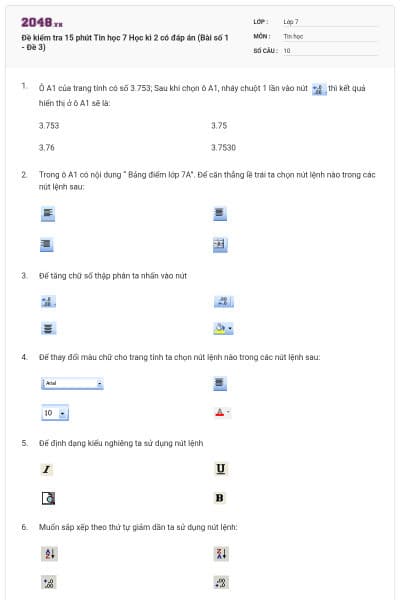 Đề kiểm tra 15 phút Tin học 7 Học kì 2 có đáp án (Bài số 1 - Đề 3)