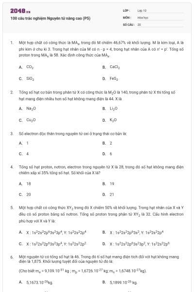 100 câu trắc nghiệm Nguyên tử nâng cao (P5)