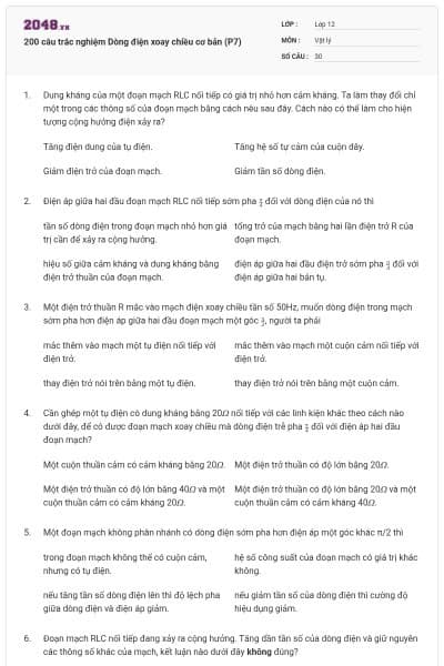 200 câu trắc nghiệm Dòng điện xoay chiều cơ bản (P7)