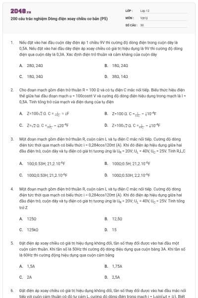 200 câu trắc nghiệm Dòng điện xoay chiều cơ bản (P5)