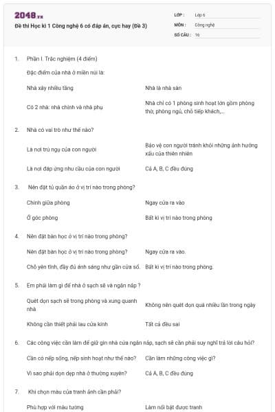 Đề thi Học kì 1 Công nghệ 6 có đáp án, cực hay (Đề 3)