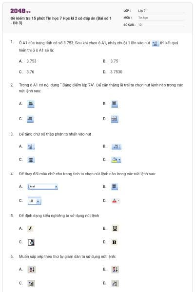Đề kiểm tra 15 phút Tin học 7 Học kì 2 có đáp án (Bài số 1 - Đề 3)