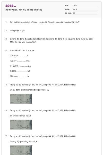 Đề thi Vật Lí 7 học kì 2 có đáp án (Đề 5)