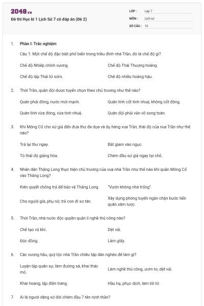 Đề thi Học kì 1 Lịch Sử 7 có đáp án (Đề 2)