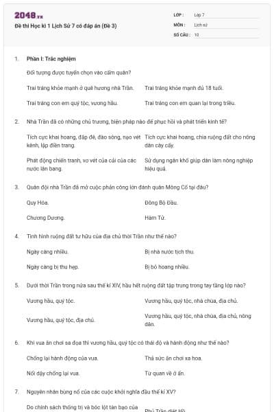 Đề thi Học kì 1 Lịch Sử 7 có đáp án (Đề 3)